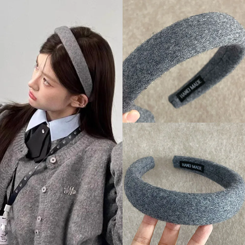 Korean Solid Color Headband Suitable for Girls and Ladies Wide-brimmed Woolen Headband Autumn and Winter Fashion HairAccessories