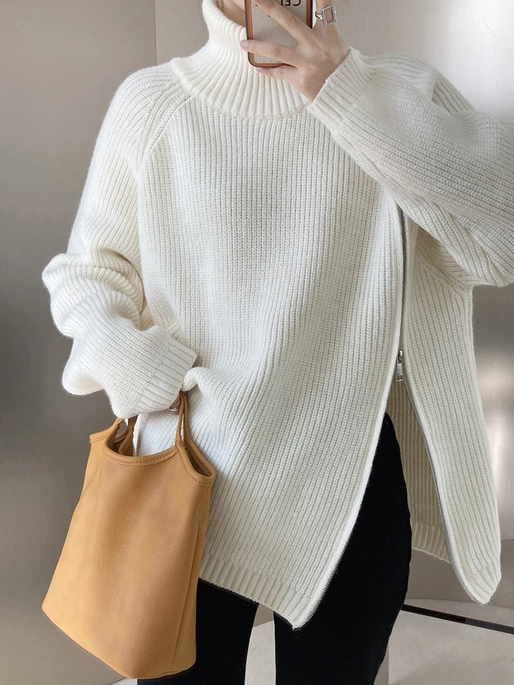 LANMREM Women Knitted Sweater Turtleneck Solid Color Zipper Style Female Fashion Outwear Warm Clothes 2024 Autumn Winter 2DA8028