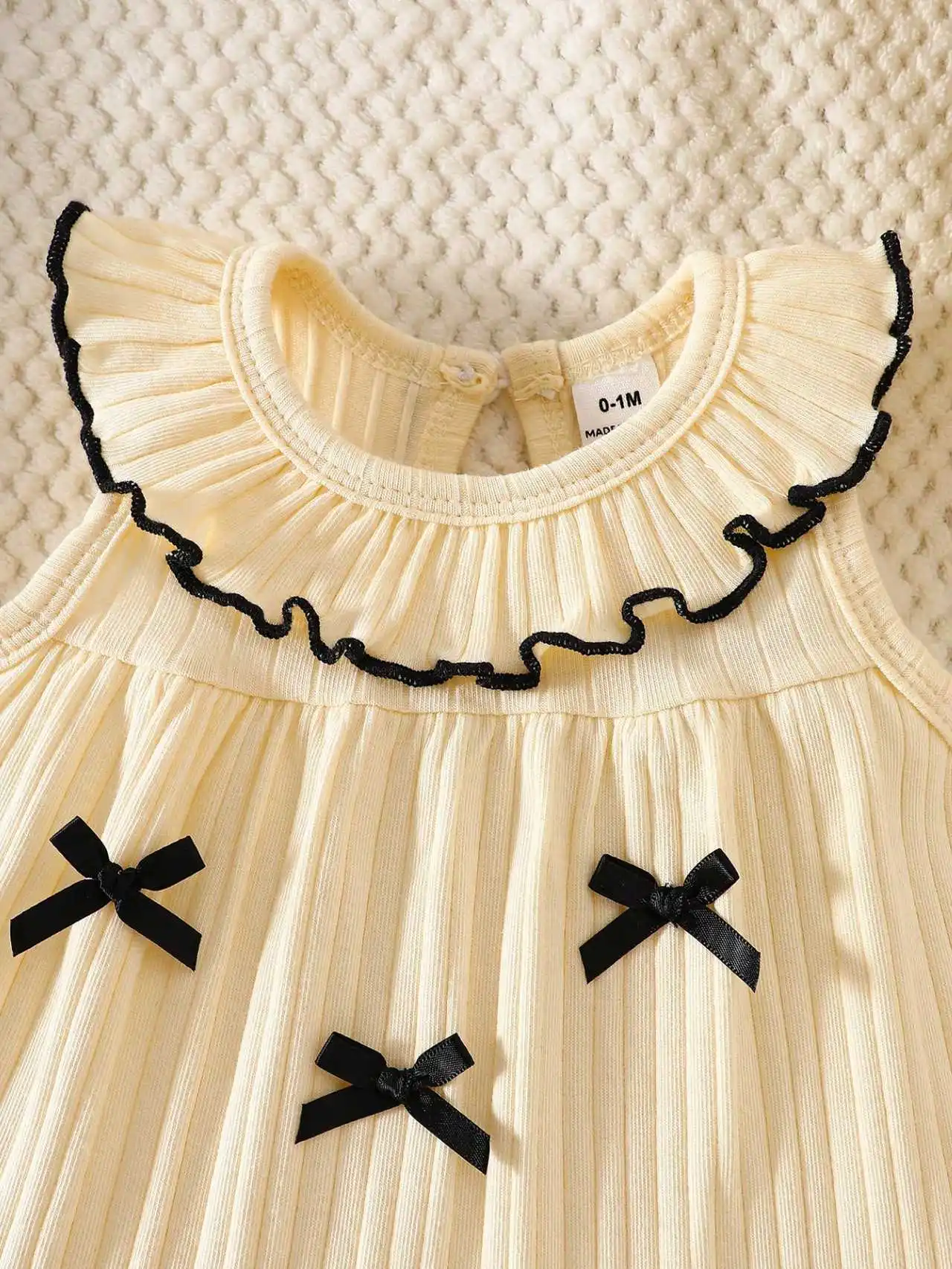 Newborn Baby Girl's Light Yellow Ruffled Collar Sleeveless Dress with Black Bow Summer New Arrival: Adorable and Elegant, Simple