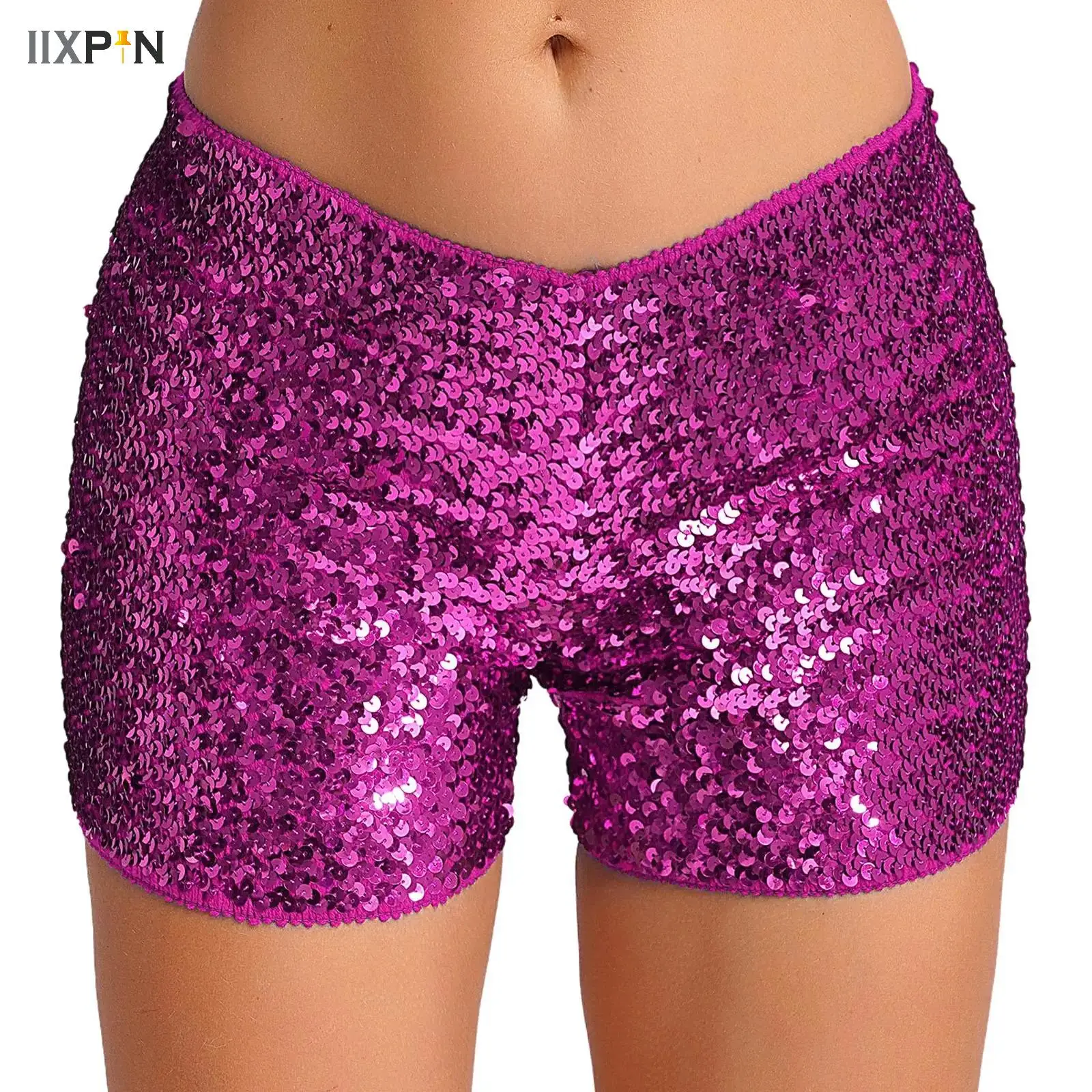 Pantalones cortos ajustados con lentejuelas brillantes para mujer, pantalones cortos elásticos de tiro bajo para fiesta de cumpleaños, Raves, Club, Festival de Música, pantalones de baile en barra