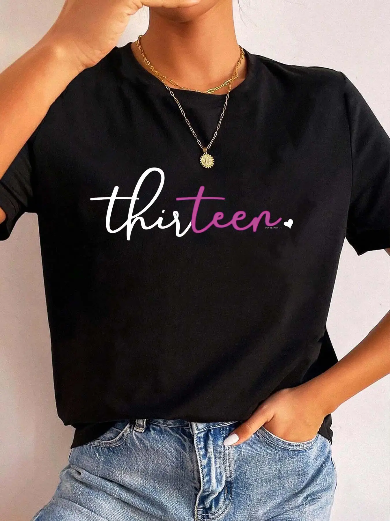 Women Casual Crew Neck Tee Thirteen Cursive Lettering Short Sleeve Applique Detail Spring Summer Top