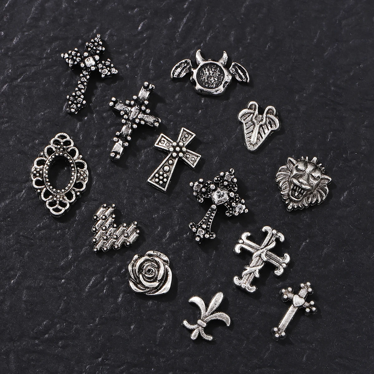 30 retro silver cross and other styles randomly mixed with nail decoration, alloy rhinestone, y2k metal wind DIY nail decoration