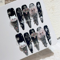Y2K Black Anime Long Tip Fake Nails Japanese Jirai Kawaii Cute Subculture Hottie Fake Nails 3D Bow Cross Planet Menhera Nail Art