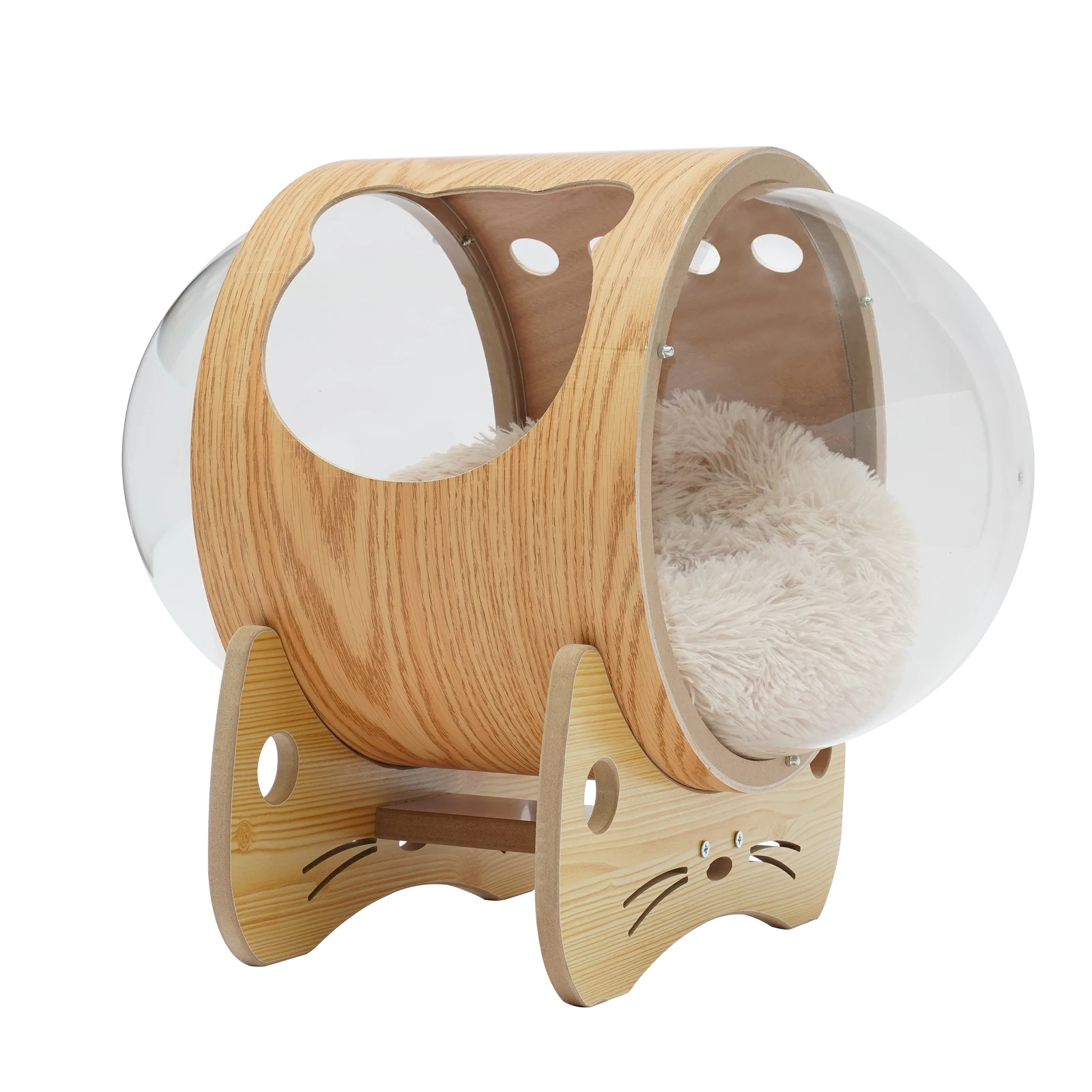 Wooden Spaceship Pet Bed for Cat & Dog Window Capsule-shaped Cat Bed Made of Wood House Cat Bed Indoor with Cushion