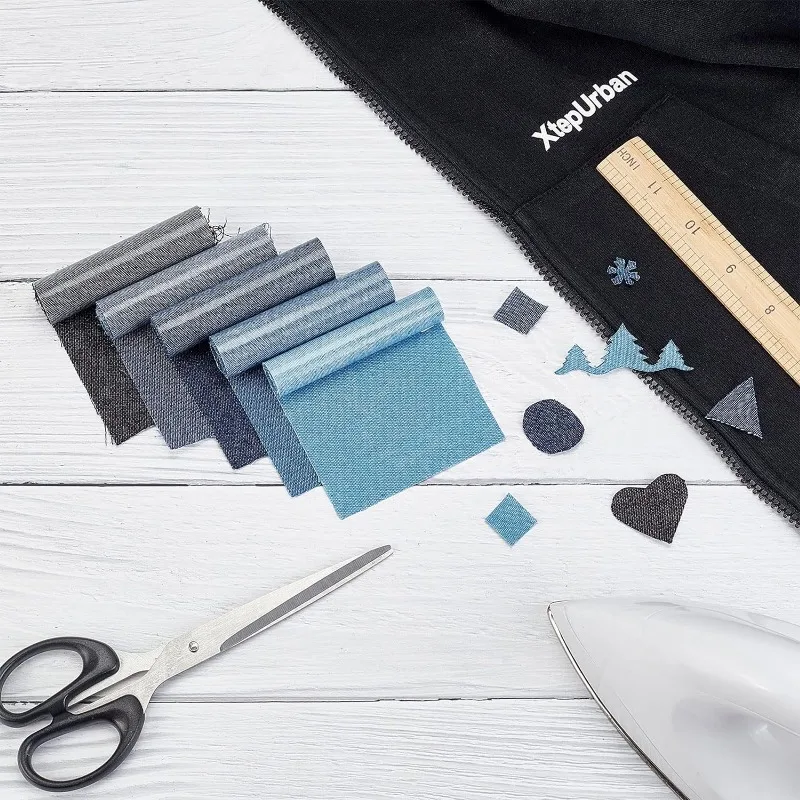 5Pcs Jeans Patches Iron on Adhesive Denim Jean Repair Kit Heat Glue Deep Light Blue Black Rectangle Patch Applique Decorations