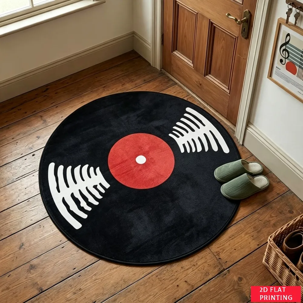 Retro Black Vinyl Record Red Label White Groove Round Carpet For Music Lounge Or Entryway With Classic Audio Carpet Vibe
