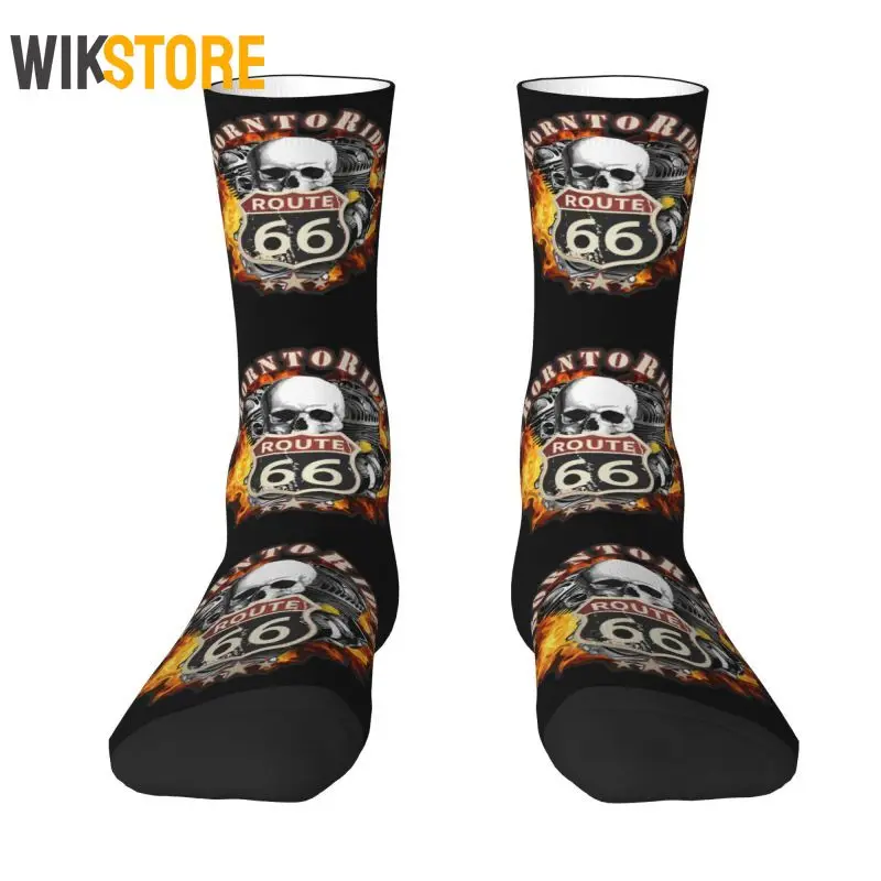 

Cute Mens Born To Ride Route 66 Skull Dress Socks Unisex Comfortable 3D Printing Breathable Crew Sock