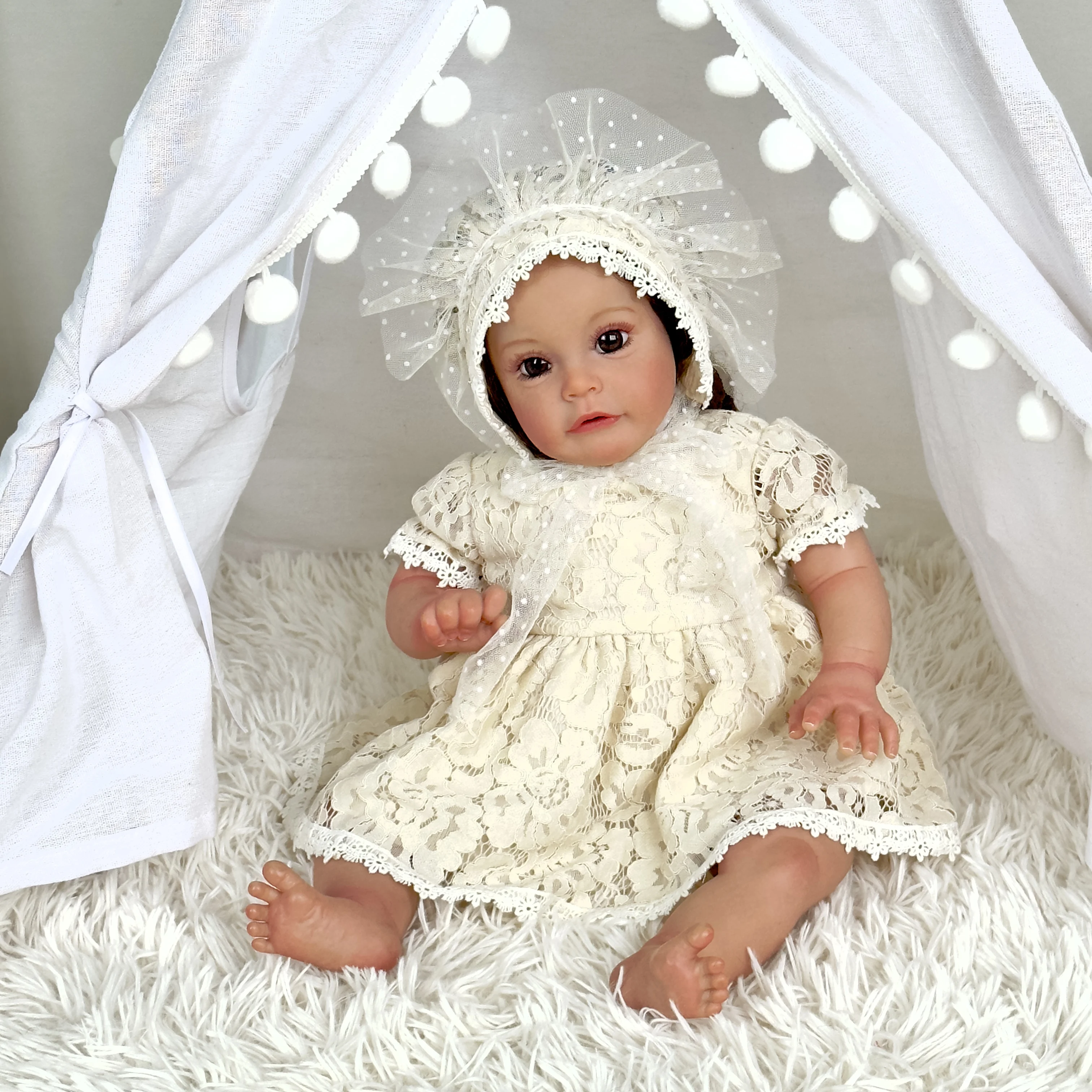 SANDIE 23inch 60CM Reborn Sue-Sue Toddler Girl 3Month Baby Size Pure Hand Painting 3D Skin Hand-rooted Brown Curly Hair