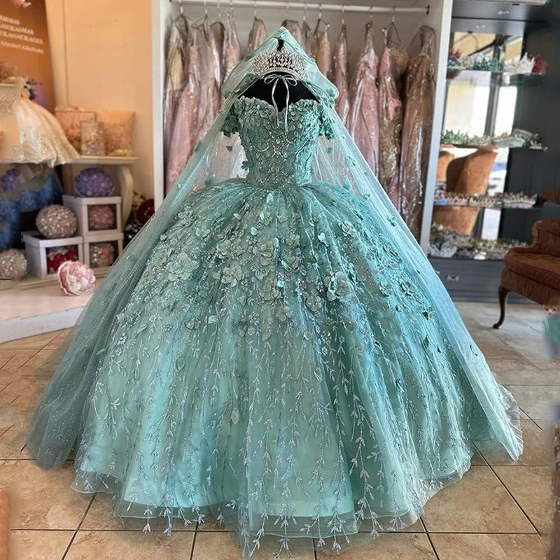 Angelsbridep Mintgroene Quinceanera Sweet 16 Jurken Kant Van Schouder Geappliqueerd Met Cape Wraps Afstudeerjurken Op Maat Gemaakt