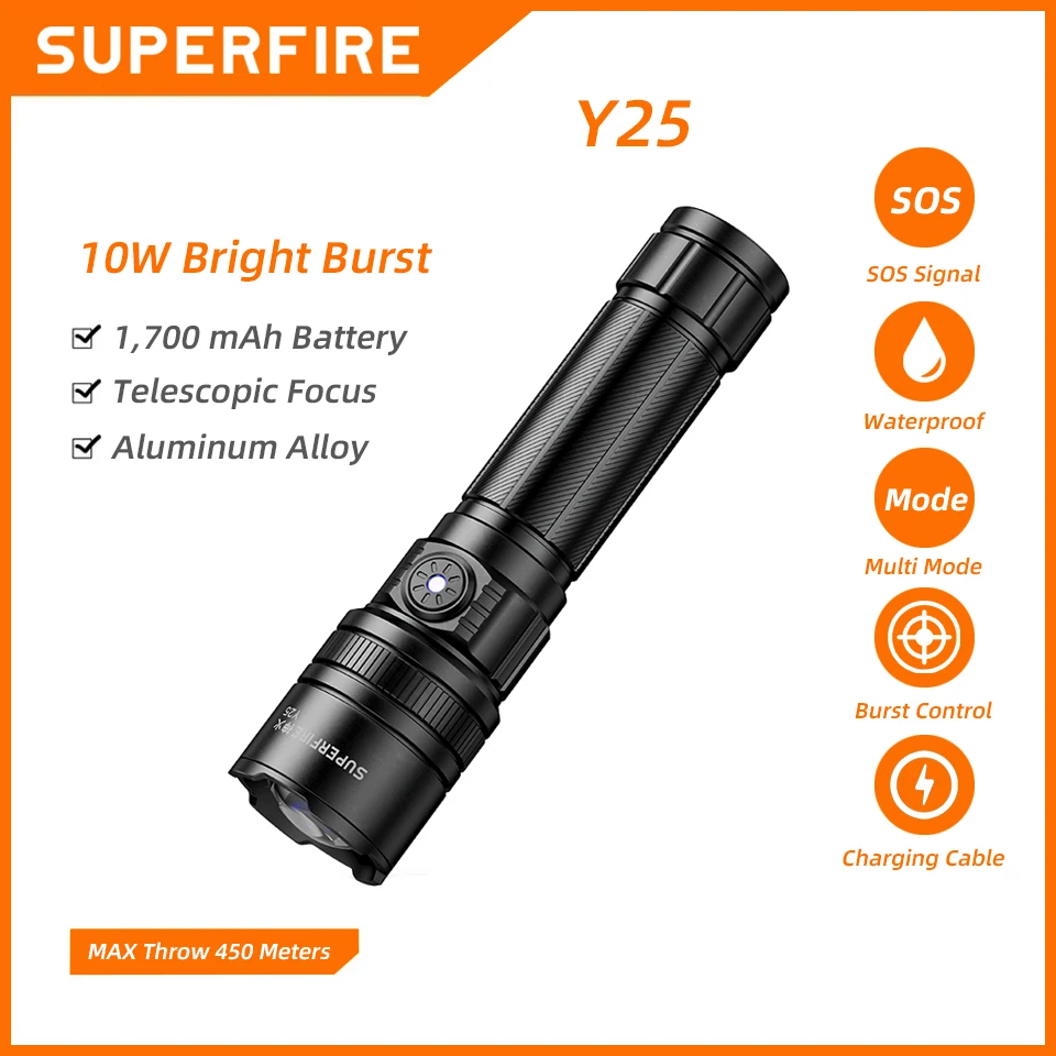 

SUPERFIRE Y25 10W LED Flashlight 450m Lighting Distance with Zoom, USB-C Rechargeable 18650 Torch for Camping Fishing Lantern