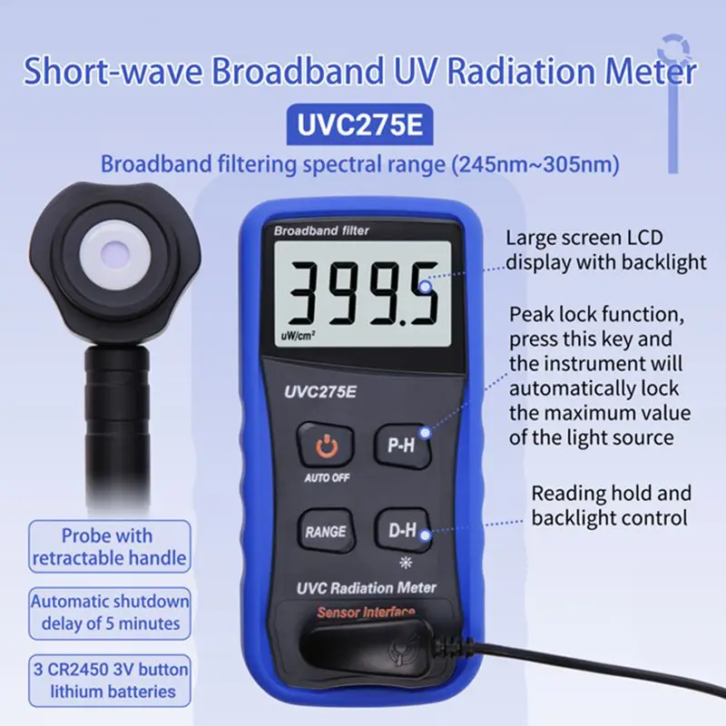 UVC Radiation Meter Broadband Filter Wavelength 245nm-305nm Short Wave Broad UV Radiation Tester Ultraviolet LED Light Detector