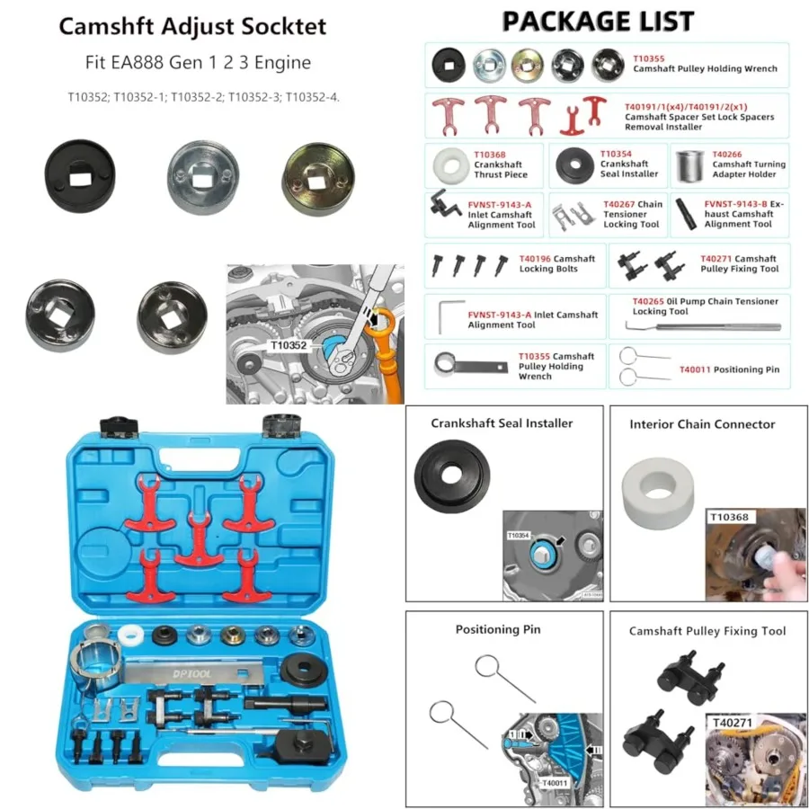 

EA888 1.8 2.0 TSi TFSi Engine Camshaft Crankshaft Timing Tool with Camshaft Sliding Pieces Spacer Tool Compatible with VW Audi 2.0T T40191 T10352 T10368 T10354 T10060A T40011 T40098 T40267 T40271