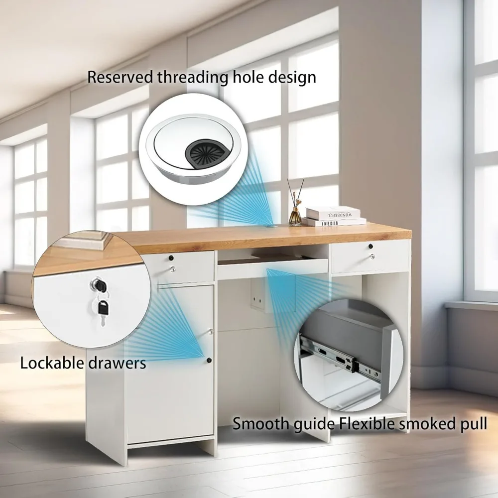 Reception Counter, Front Desk Checkout Counter Retail Receptionist Desk, Reception Desk with Lockable Drawers, White