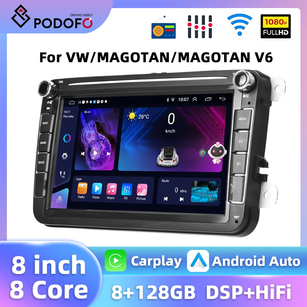 Podofo Android 2Din Car Stereo For VW/POLO/GOLF/Skoda Seat Radio 8'' Multimedia Player CarPlay Android Auto WIFI DSP GPS Audio