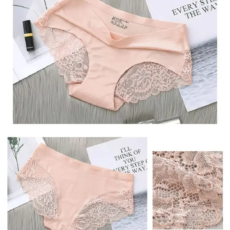 Sexy Lace Briefs For Women Mid Waist Stretchy Breathable Sleamless Ice Silk Intimates Panties Lingerie Female Underwear 5PCS/Set