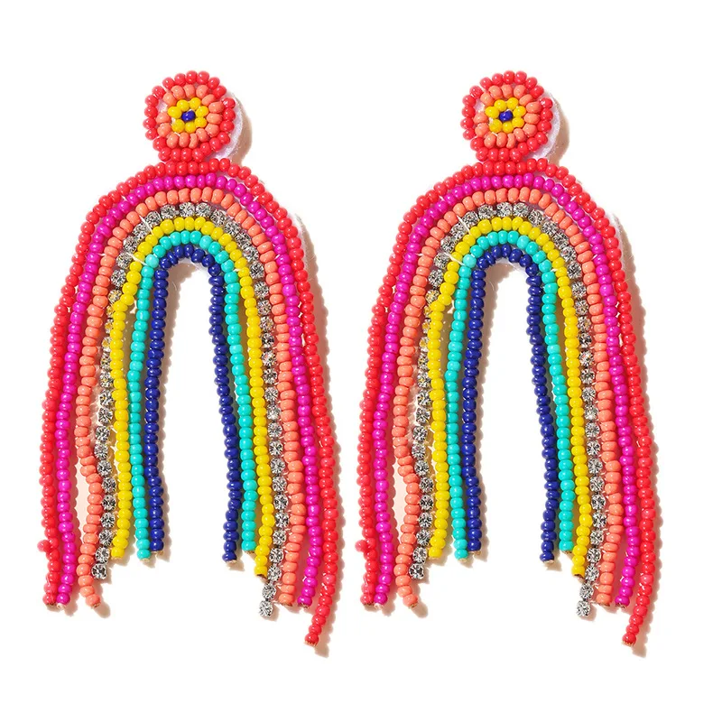 Bohemian Beaded Earring Rainbow Style Tropical Beadwork Dangle Earrings for Women Girl Handmade