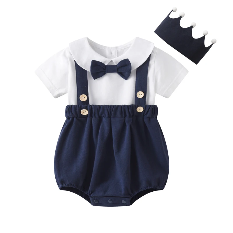 IYEAL New Baby Boys Set Gentleman's Bow Tie White T-shirt+Strap Shorts+Crown Headband 3-Pcs Full Moon 1-Year Old Photo Suit