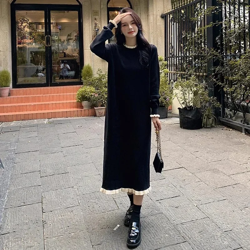 Hebon Chic Black Dress Spring Season Long Over Knee Sweater Dress Inner Wear Over Coat Base Knit Black Dress For Women