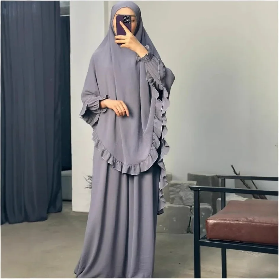 2025 Neue Eid Muslimische Frauen Rüschen Khimar 2-teiliges Set Abaya Kleid Gebetskleidungsstück Hijab Islamischer Ramadan Kaftan Burka Kleidung