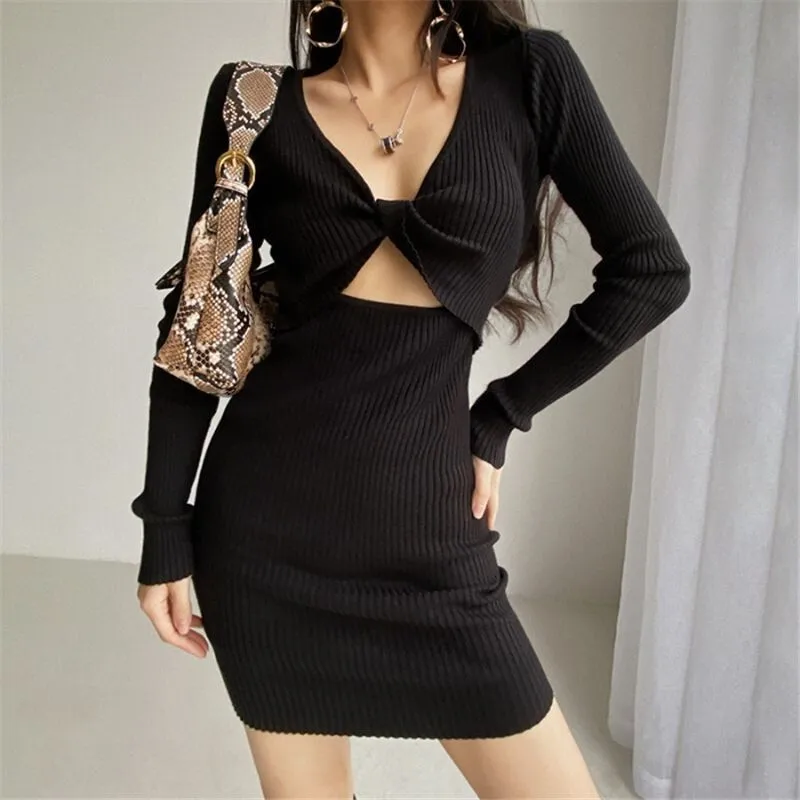 

Spring And Autumn Sexy French Ins Two Wear Tight Bareback Dress For Women, Slim Fit, Hip Hugging, Knitted Hollow Sweater, Short