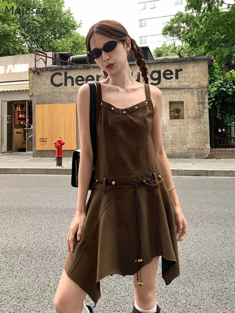 Irregular Dress Women Vintage American Style Summer Designed Chic Personality Sexy Sleeveless Hotsweet Y2k Harajuku Hip Hop OOTD