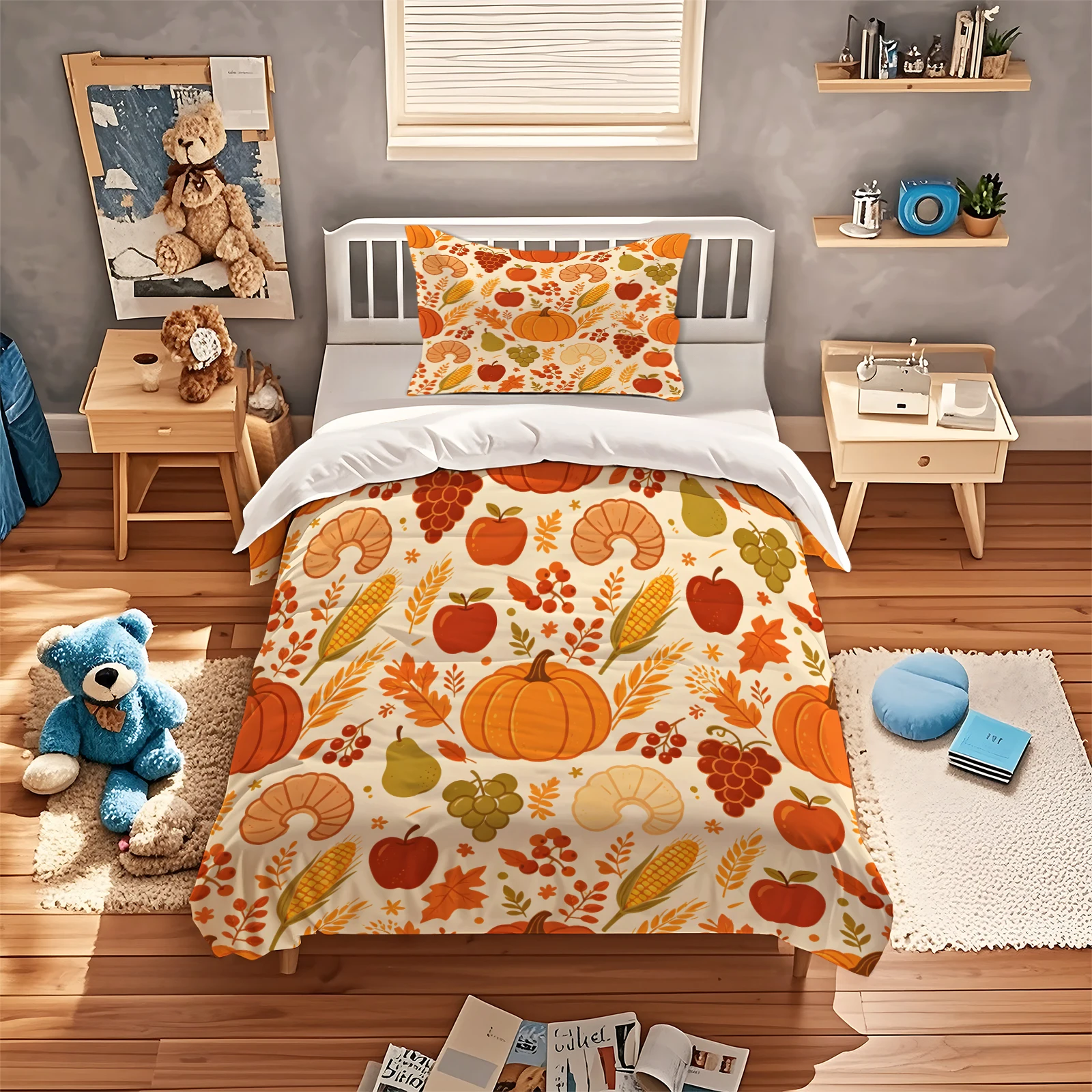 Thanksgiving Fall Harvest Duvet Cover Set Cartoon Pumpkin Corn Fruit Maple Leaf Print Bedding Set Quilt Cover with Pillowcases
