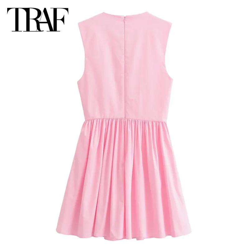 TRAF Women\'s Short Dresses 2024 Summer Elegant Party Sleeveless Pleated Mini Dress Ladies Fashion Casual Pink Short Dresses