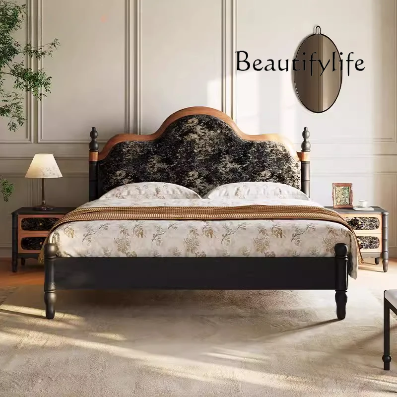 

French retro black bed 1.8 meters master bedroom double bed American light luxury solid wood bed