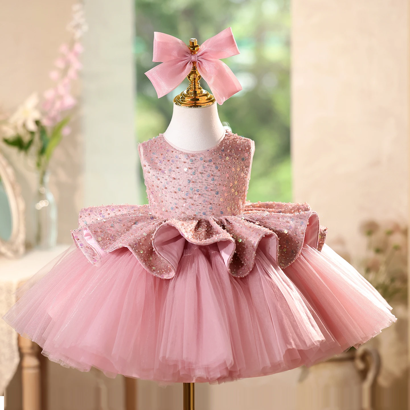Light luxury elegant girls' beauty pageant dress, baby girl's week birthday celebration party dress, sequined chiffon butterfly
