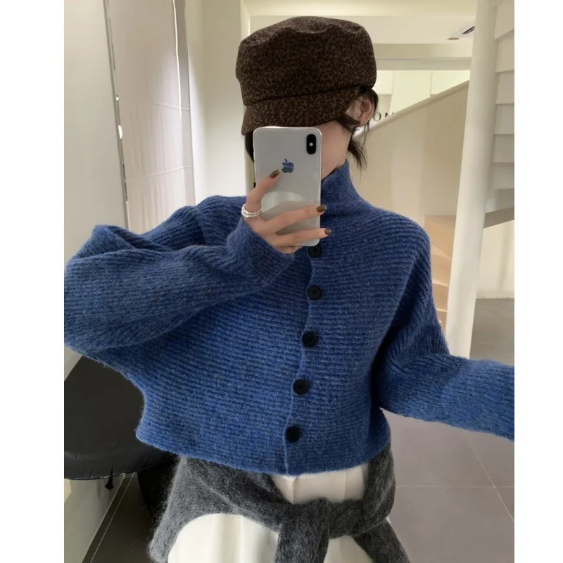 FL-suéter a rayas para mujer, Vintage, cuello alto, moda coreana, botón de punto, cárdigan holgado de talla grande, Top de manga larga, novedad de 2026