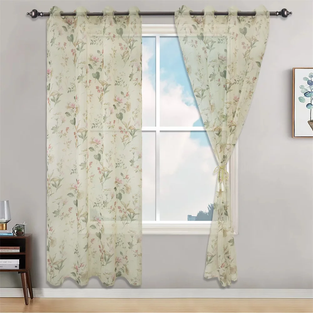 

Printed Camellia Gauze Curtains, Fresh Perforated Grommet Eyelet, Pastoral Style, Living Room, Window Screen, Bedroom, Spring