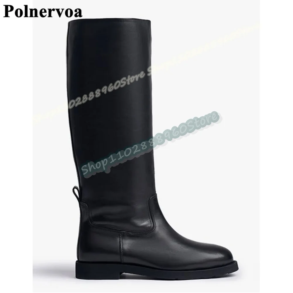 

Knee High Black Matte Leather Boots High Quality Flats Shoes for Women Slip On Round Toe Fashionable Casual Zapatos Para Mujer