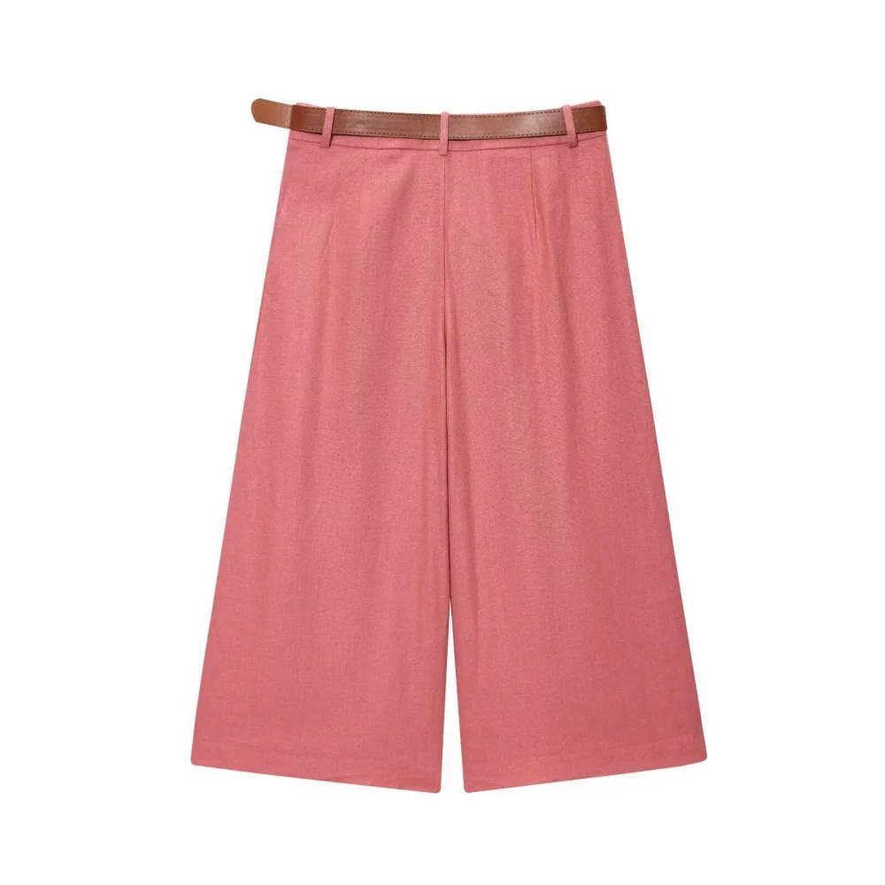 المرأة الكتان المخلوطة المخفية زر طوق بلا أكمام قصيرة تانك الأعلى مع حزام طويل عارضة السراويل الصيف السراويل الجديدة