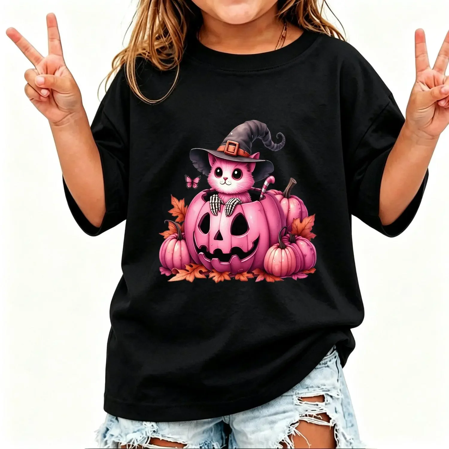 Girls T Shirts HALLOWEEN Summer Fashion Short Sleeve with Butterfly Cat and Pumpkin Print Casual Versatile Stylish Top for Girls