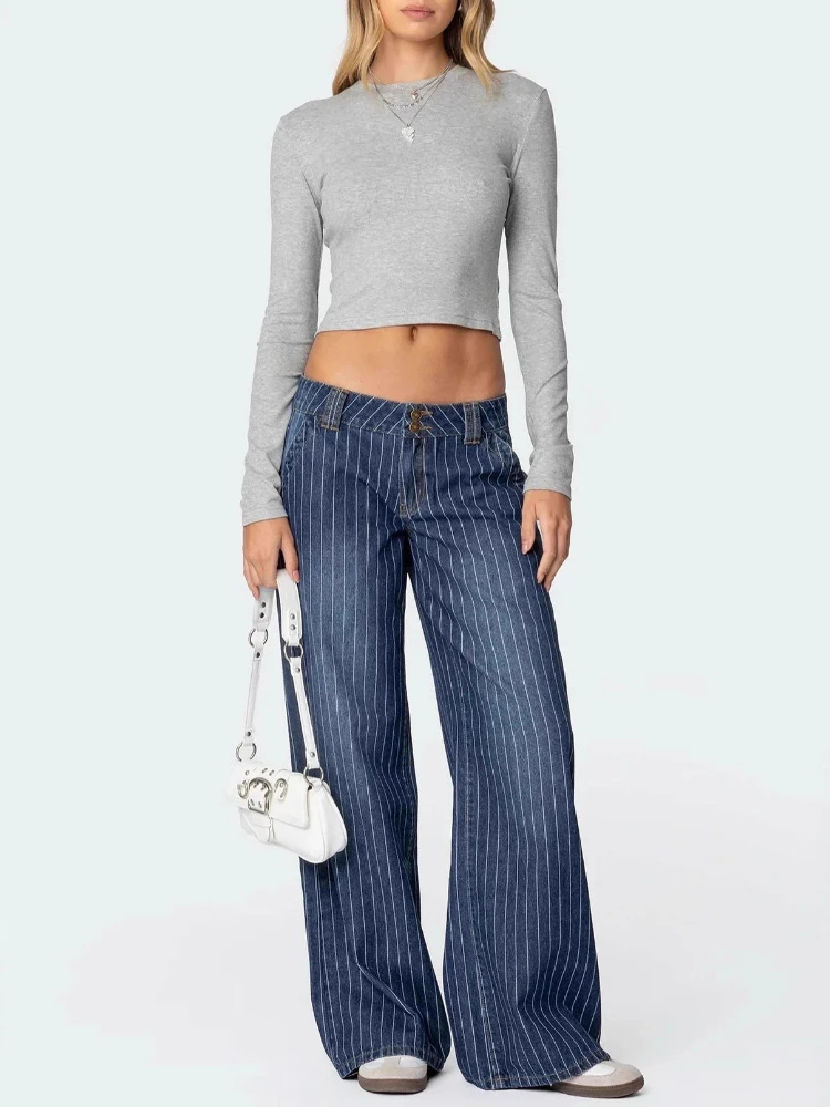 HOUZHOU Vintage Niebieskie Jeansy w Paski Damskie Y2k Hip Hop Sprane Proste Spodnie Denimowe Grunge Amerykańskie Retro Street Szerokie Nogawki