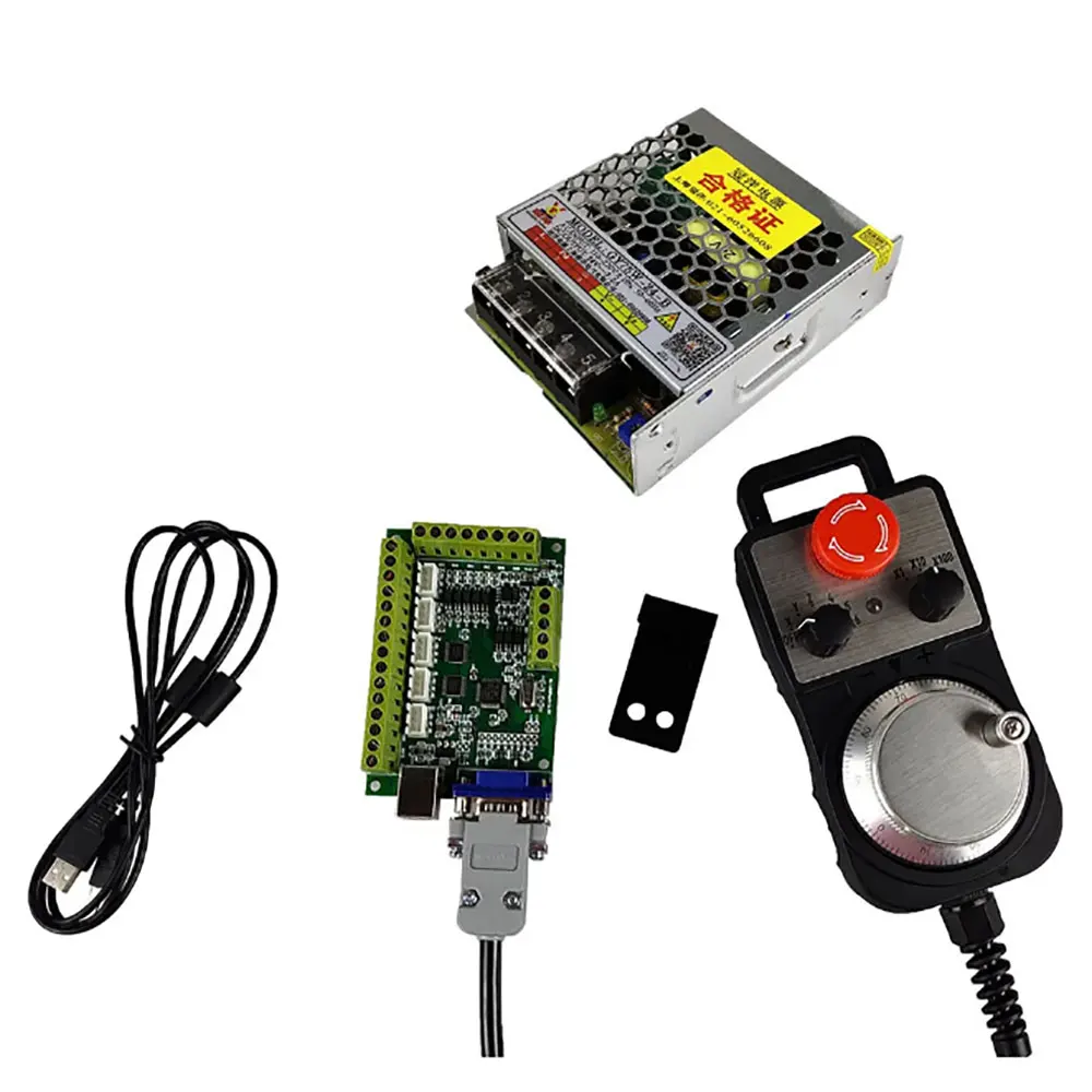 Mach3 5-axis USB motion control card cnc kit 100k 6axis emergency stop electronic handwheel plug and play, 24V75W power supply