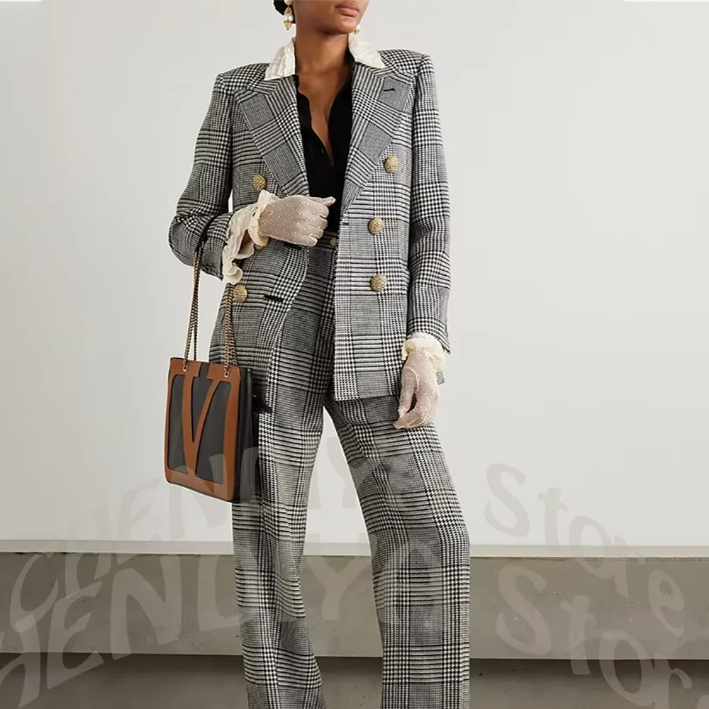 Elegant Women's Suits Office Lady Outfit High Quality Peak Lapel Double Breasted Business Casual Formal Clothes Two Pieces