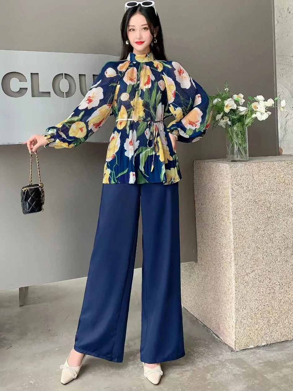 2024 New Spring Autumn Women Pants Suit Long Sleeve Loose Pleated Floral Shirt And High Waist Wide Leg Long Pants Two Piece Set