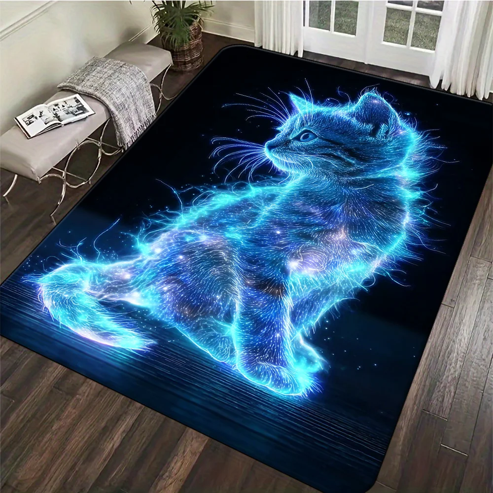 Glow Electronic Style Cat Non-Slip Area Mat, Washable Artistic Animal Rug for Living Room Bedroom Garden, Dreamy Home Decoration