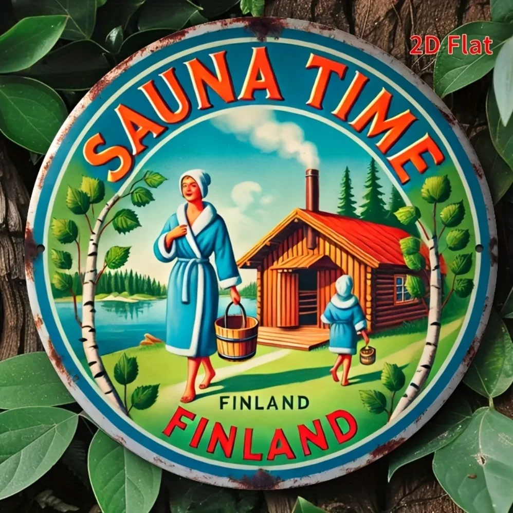 Letrero de hojalata de Metal para Sauna finlandesa plana 2D, arte de pared de aluminio redondo Retro (con escena de Sauna Vintage) | Adecuado para el hogar,