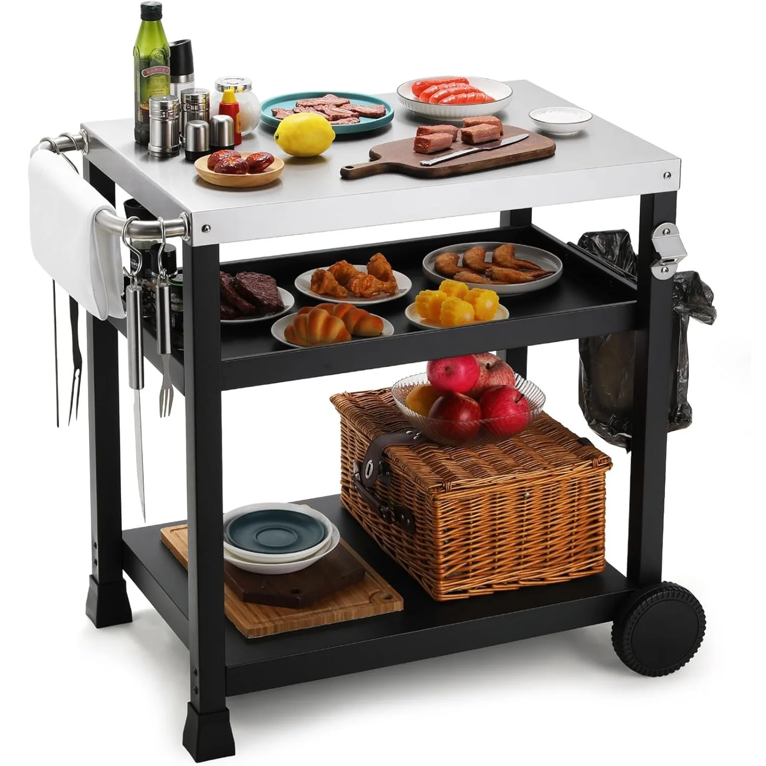Grillwagen mit 3 Ebenen, Grilltisch für den Außenbereich mit Tischplatte aus Edelstahl, Grill-Beistelltisch, Servierwagen, Gartenwagen, Küchenwagen