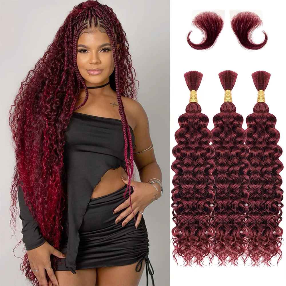 99j borgonha para trança onda profunda cabelo humano 3 pacotes sem trama pacotes para extensões de cabelo feminino trança encaracolado cabelo humano