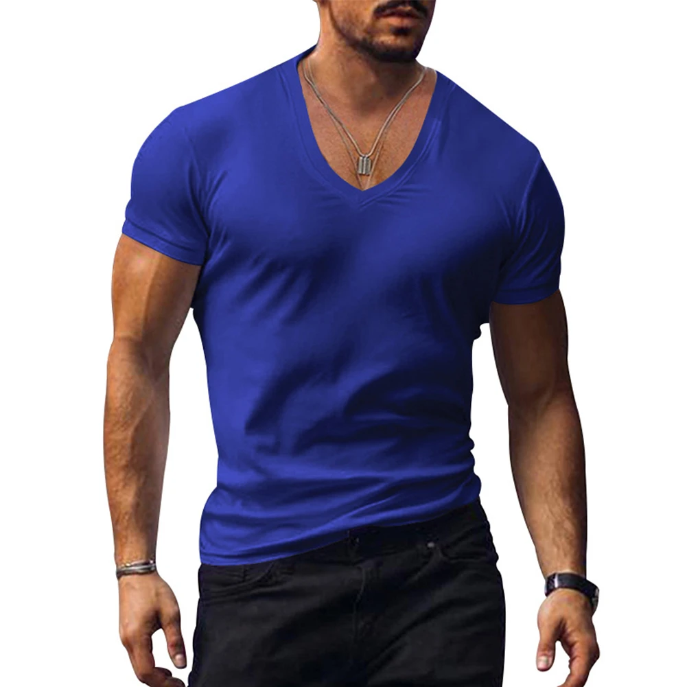 Hot Summer Popular Mens T Shirt Short Sleeve Muscle Tops V Neck Blouse Tees Fitness Bodybuilding Tshirt Elastic Black White Wine