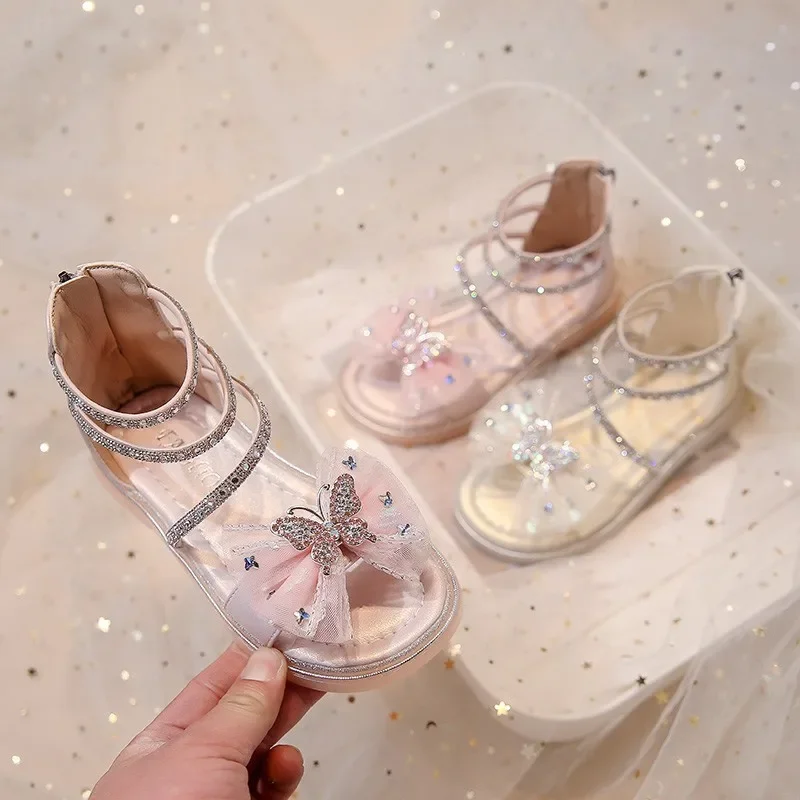 

Лето 2023, детские сандалии, модные туфли принцессы с бантом для девочек, нескользящие детские повседневные сандалии с открытым носком и мягкой подошвой