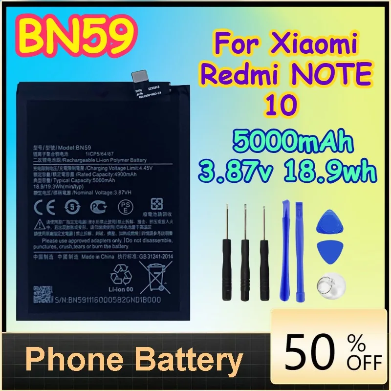 

BN59 5000mAh 3.87v 18.9wh Battery for Xiaomi Redmi NOTE 10 Phone Replacement Batteries+ Free Tools