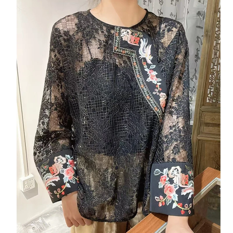 

Spring and Autumn New Chinese Style O- Neck Palace Embroidery Fashion Perspective Design Women's Shirt S-XL