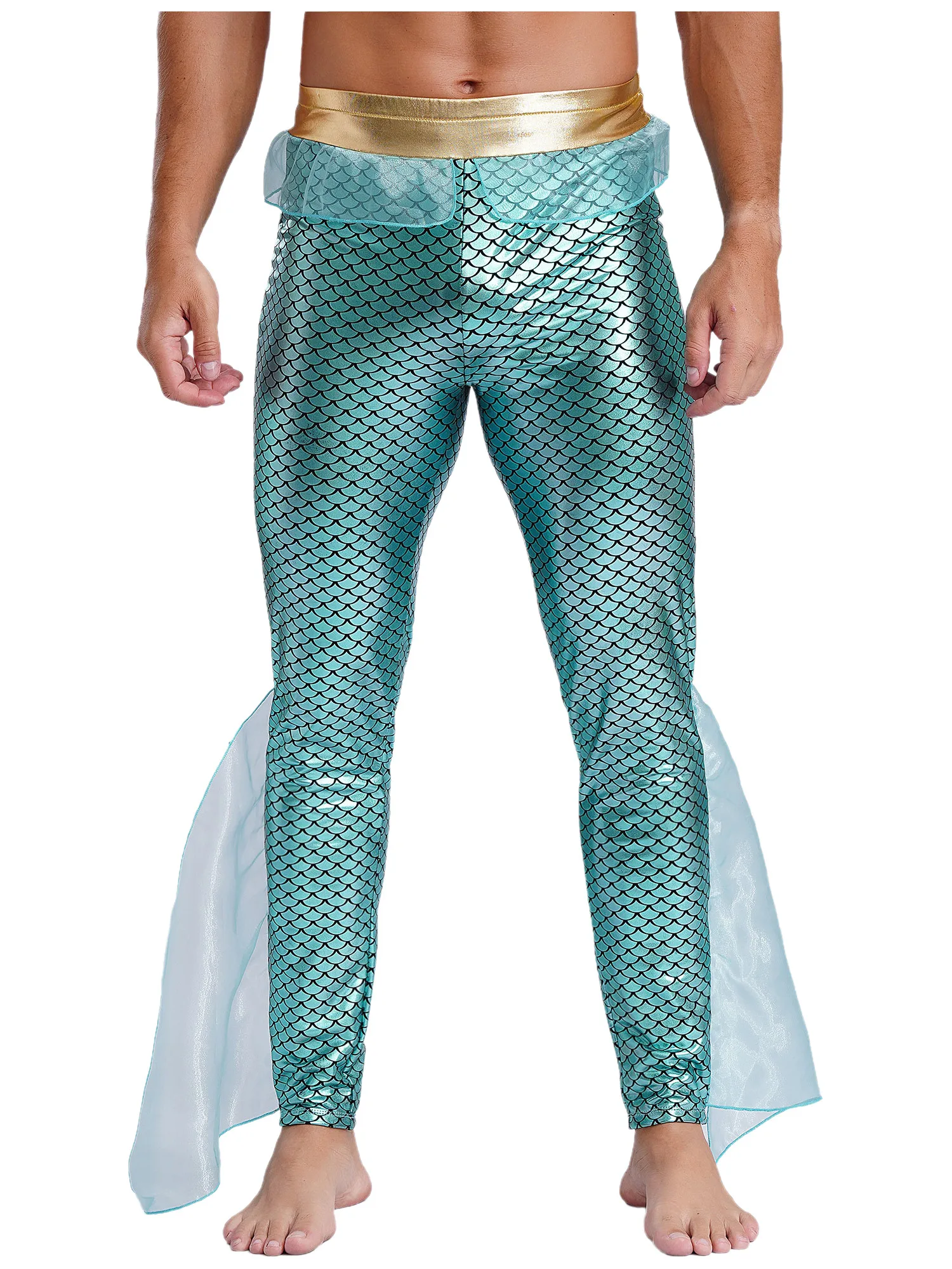 Męskie spodnie kostiumowe King of Seas Błyszczący metaliczny nadruk w rybie łuski Elastyczny pas Legginsy Halloween Syrenka Cosplay Fancy Dress — zdjęcie 2