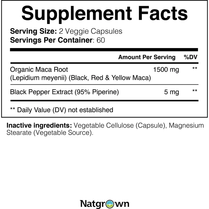 Natgrown Maca Root Powder 1500 Mg Black, Red and Yellow Maca for Performance Support - 120 Capsules