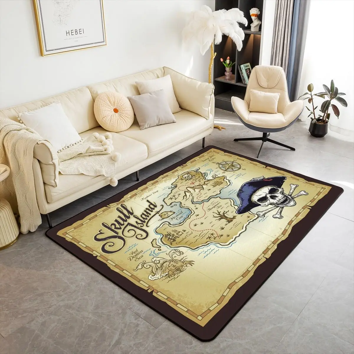 Treasure Map Skull Island Rug Vintage Pirate Theme with Compass and Sea Monsters Design
