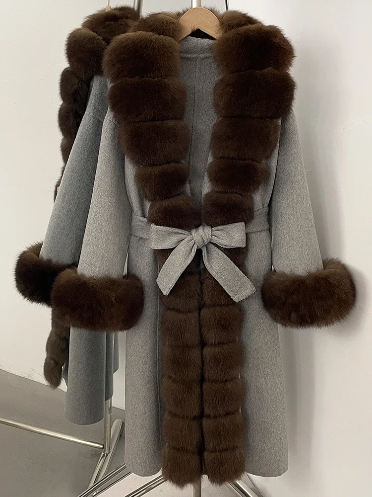 المرأة طويلة كبيرة الثعلب الفراء Pinnacle 100% معطف الصوف 2025 جديد الخريف الشتاء ClothesFemale حزام الفراء الطبيعي طوق سترة صوفية #3